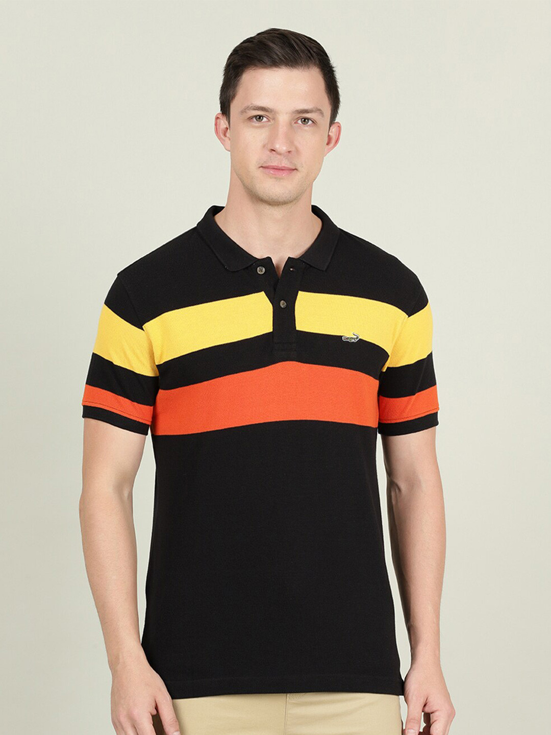 

Crocodile Men Yellow & Black Colourblocked Polo Collar Slim Fit Cotton T-shirt