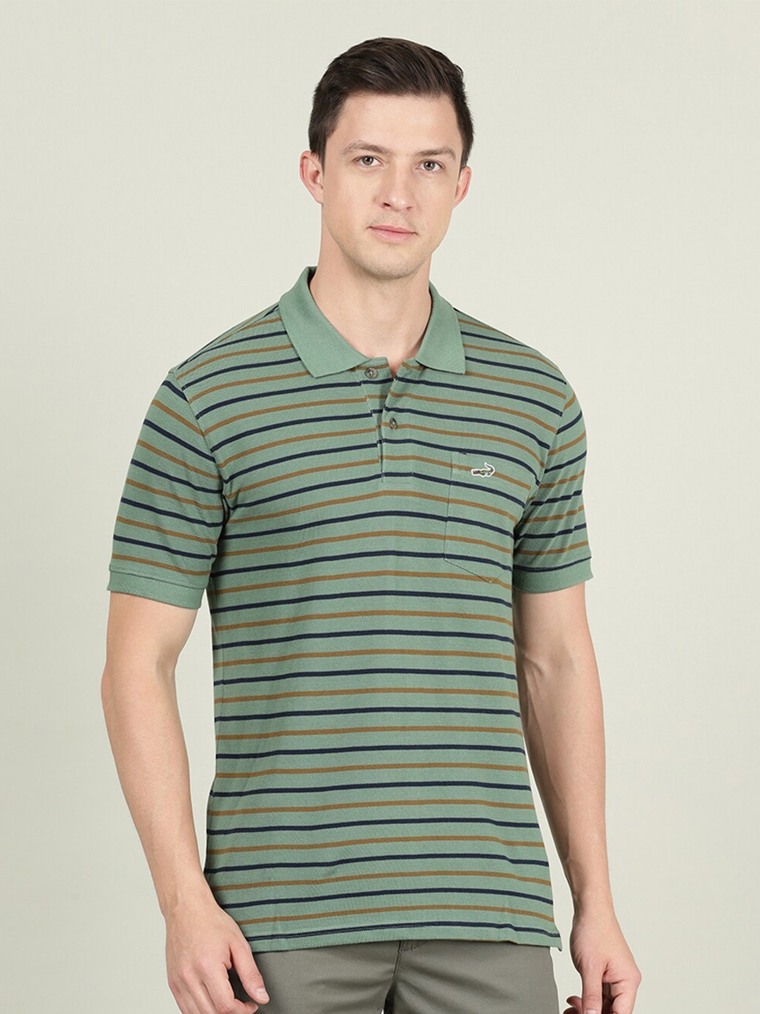 

Crocodile Men Green & Blue Striped Polo Collar Slim Fit Cotton T-shirt