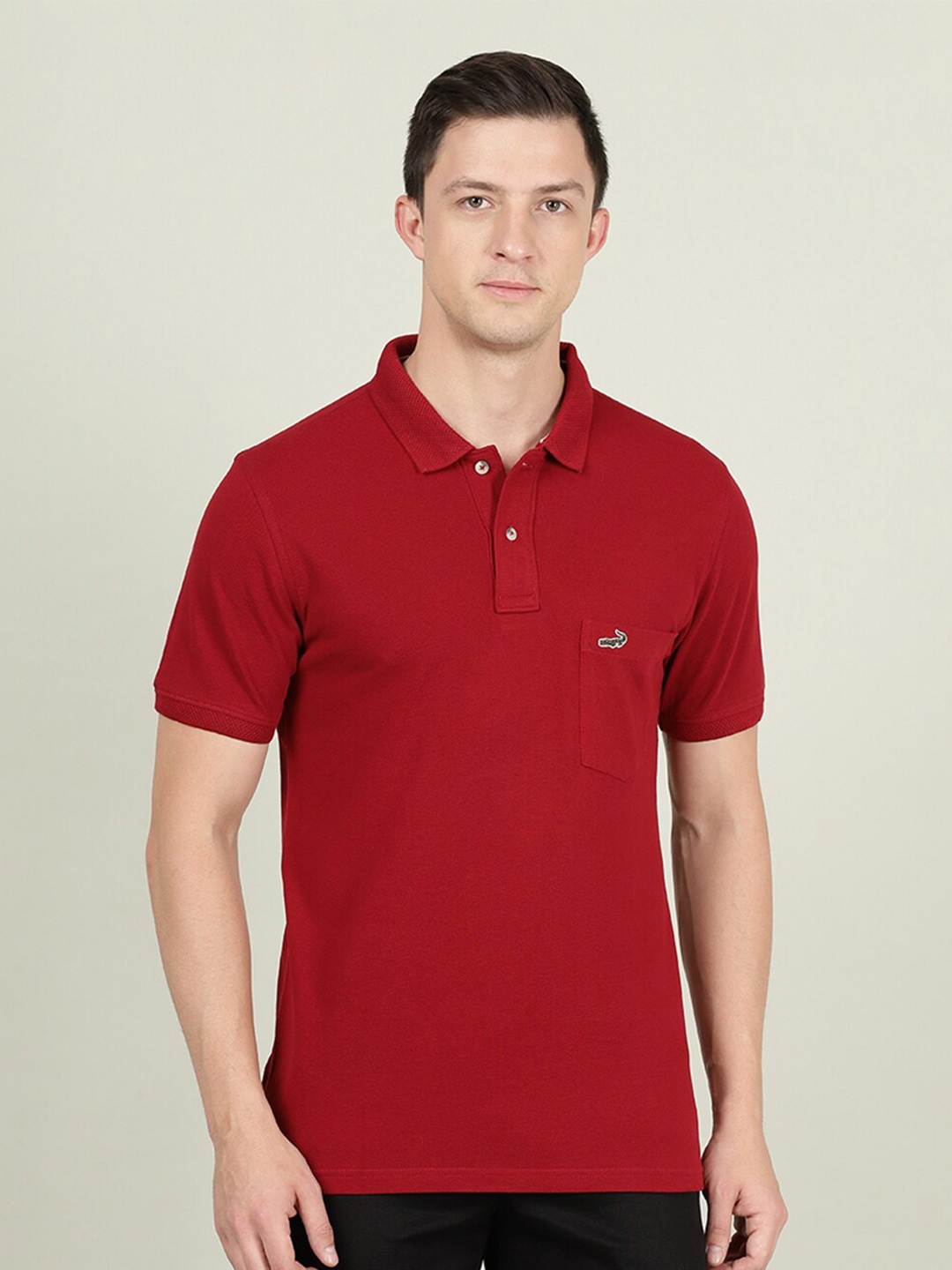 

Crocodile Men Red Polo Collar Slim Fit Cotton T-shirt