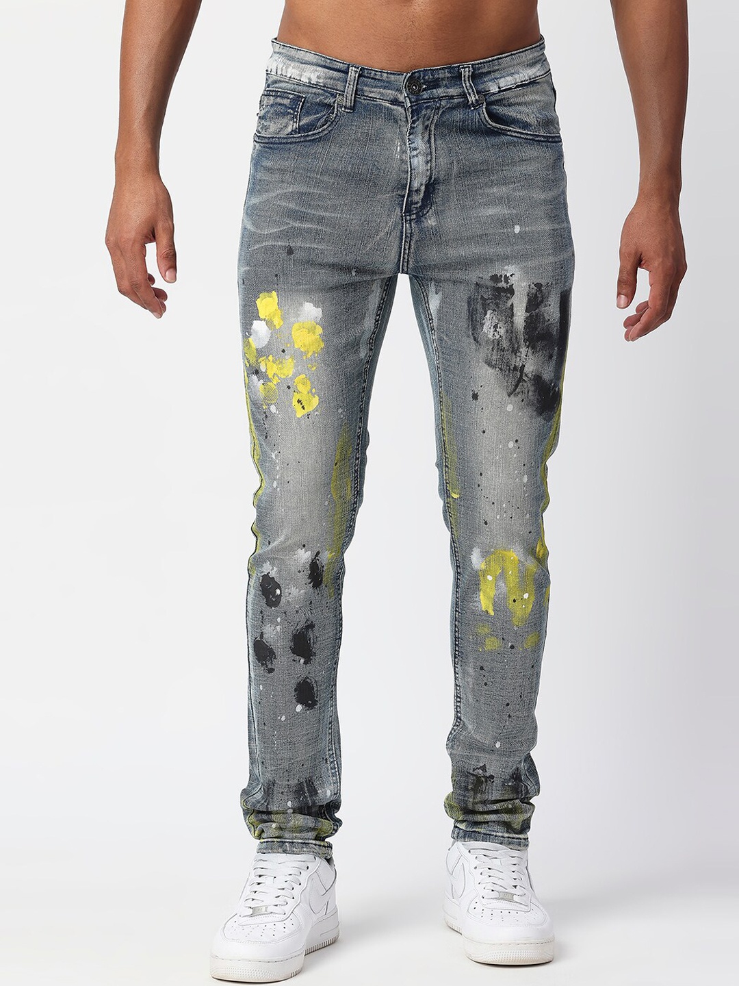 

WAIMEA Men Grey Skinny Fit Mildly Distressed Heavy Fade Printed Stretchable Cotton Jeans