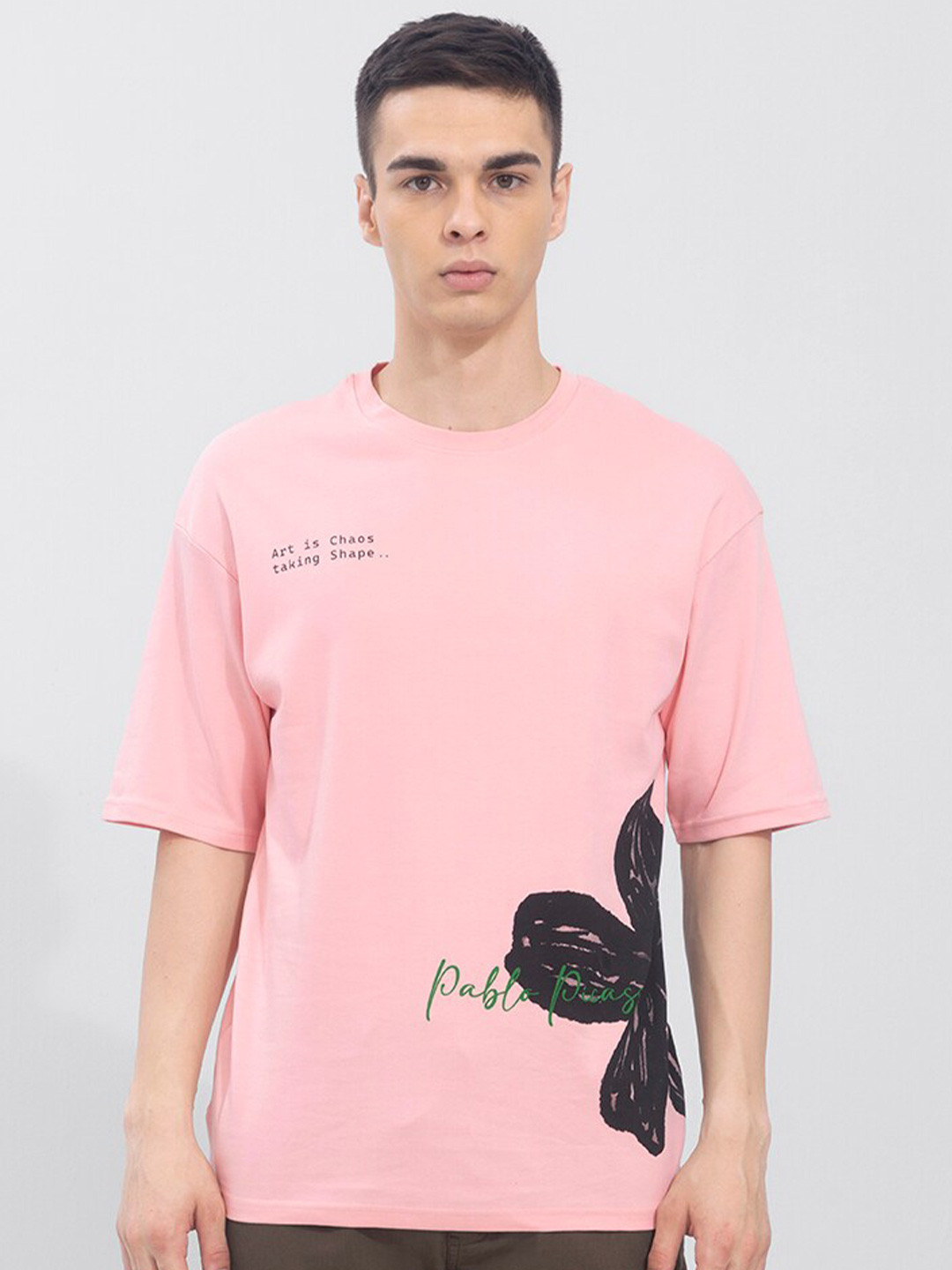 

Snitch Men Pink & Black Printed Cotton Oversized T-shirt