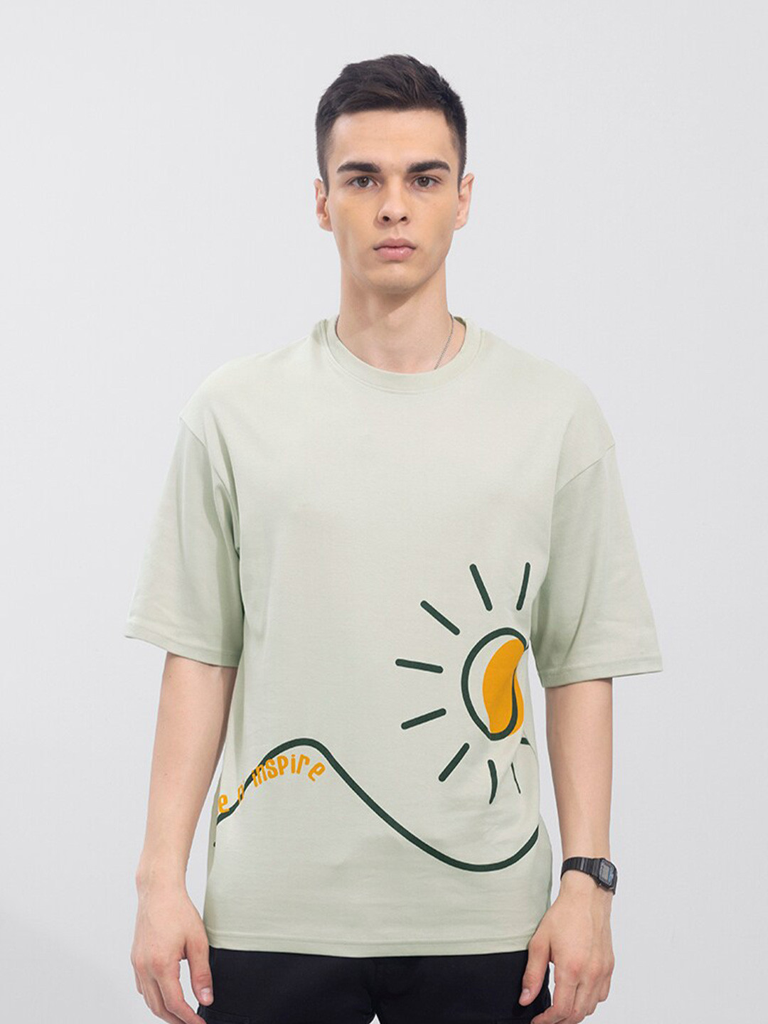 

Snitch Men Green & Yellow Printed Cotton Oversized T-shirt