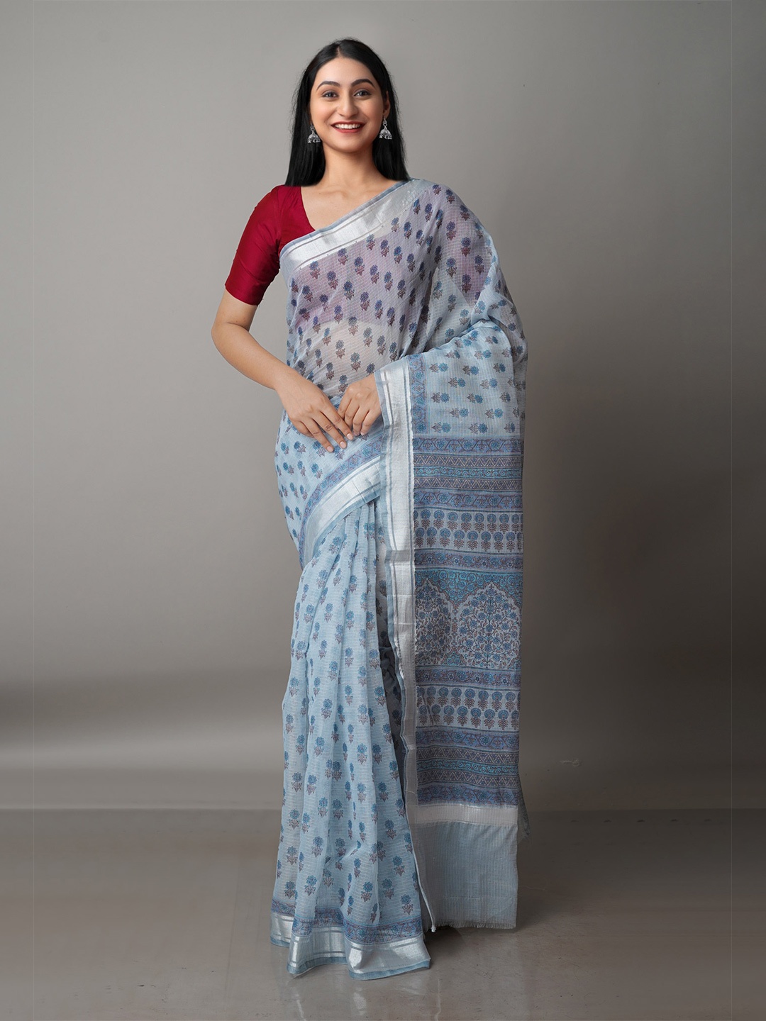 

Unnati Silks Blue & Grey Ethnic Motifs Zari Pure Cotton Kota Saree