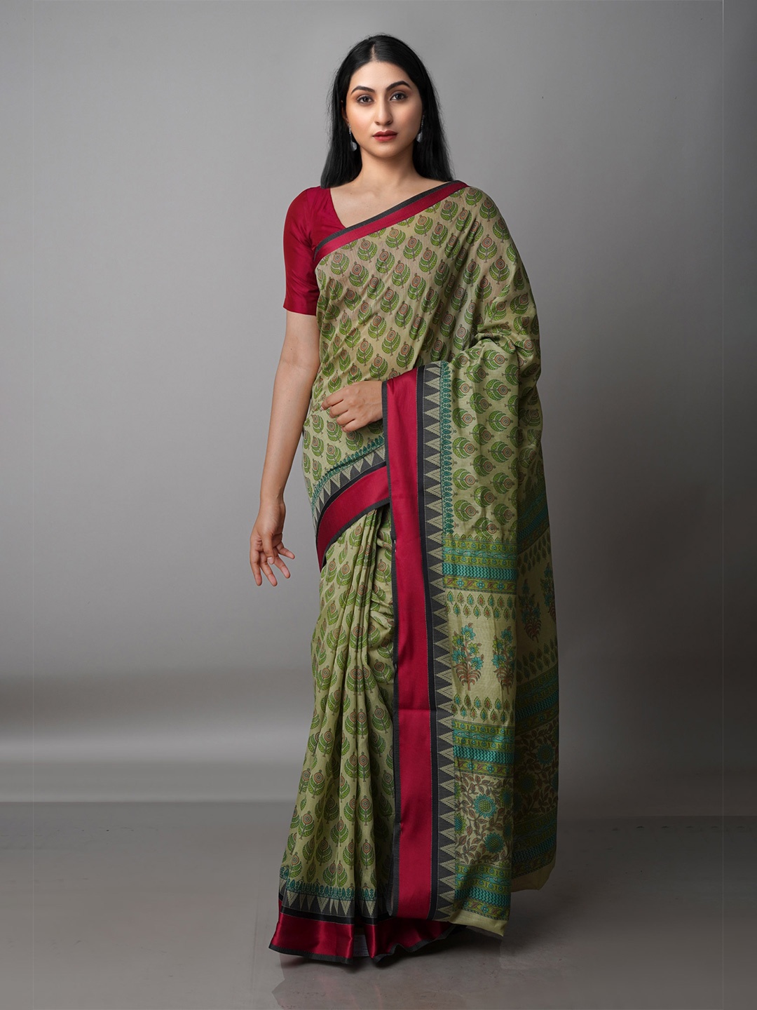 

Unnati Silks Green & Maroon Ethnic Motifs Silk Cotton Chanderi Saree