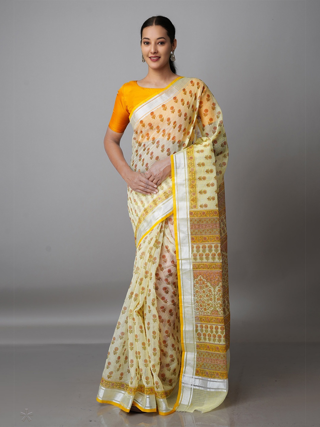 

Unnati Silks Yellow & Green Ethnic Motifs Zari Pure Cotton Kota Saree