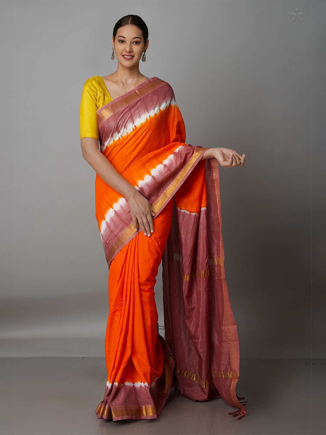 

Unnati Silks Orange & Brown Tie and Dye Silk Blend Mangalagiri Saree