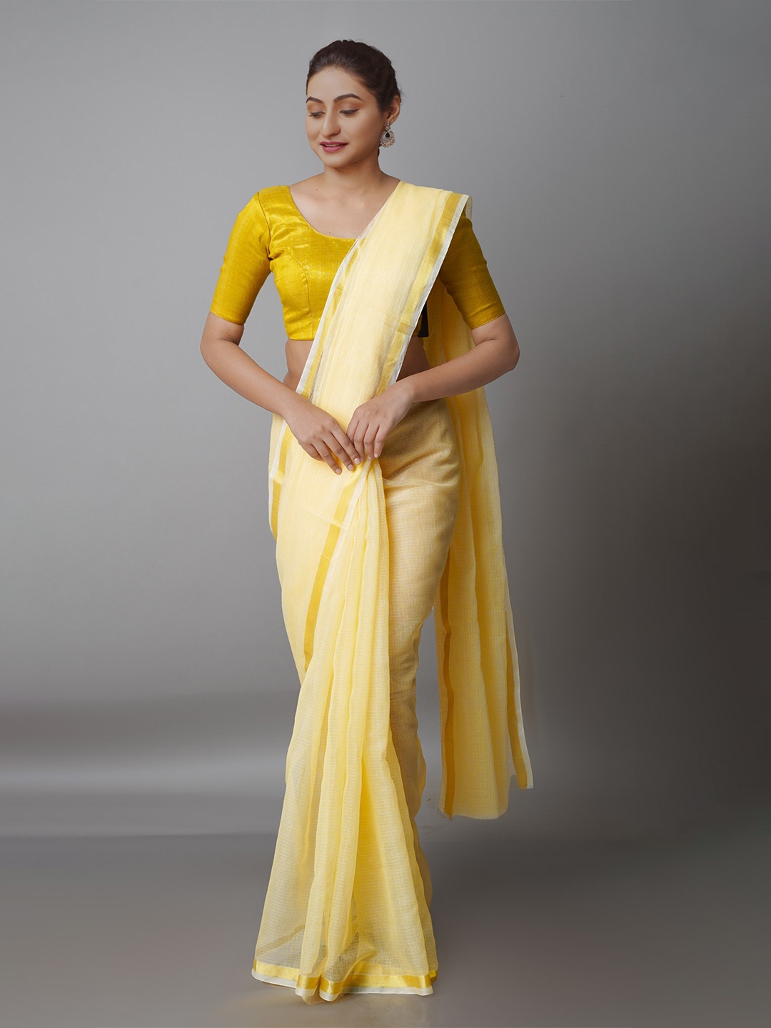 

Unnati Silks Yellow & Gold-Toned Woven Design Zari Pure Cotton Kota Saree