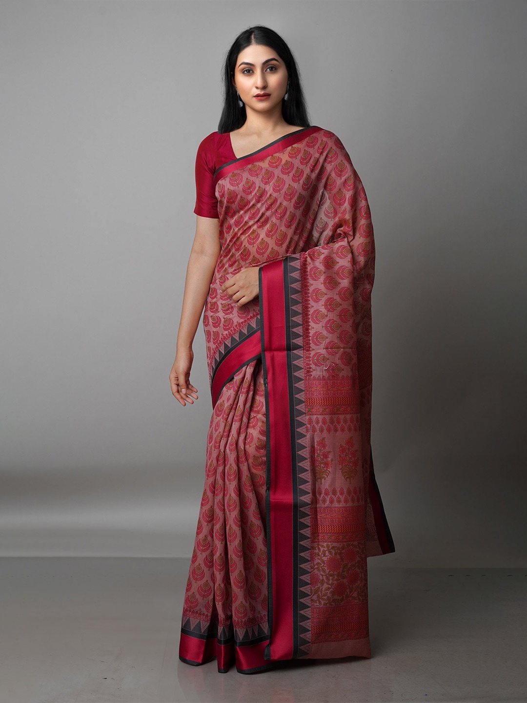 

Unnati Silks Red & Green Ethnic Motifs Silk Cotton Chanderi Saree