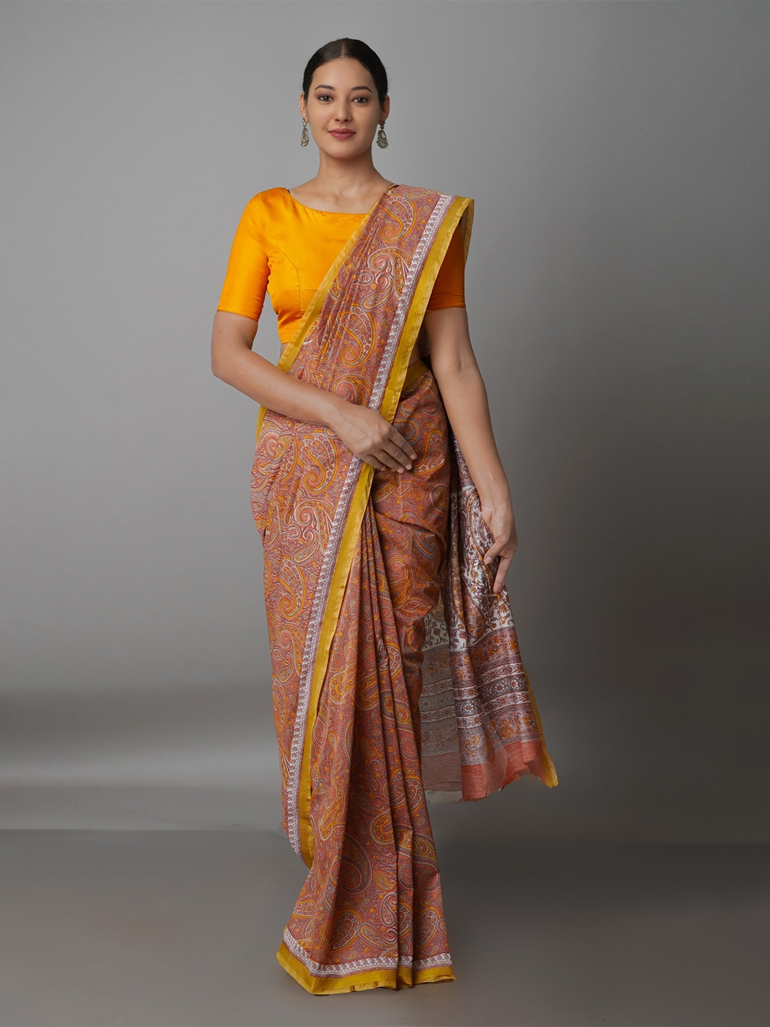 

Unnati Silks Orange & Multicoloured Paisley Silk Cotton Chanderi Saree