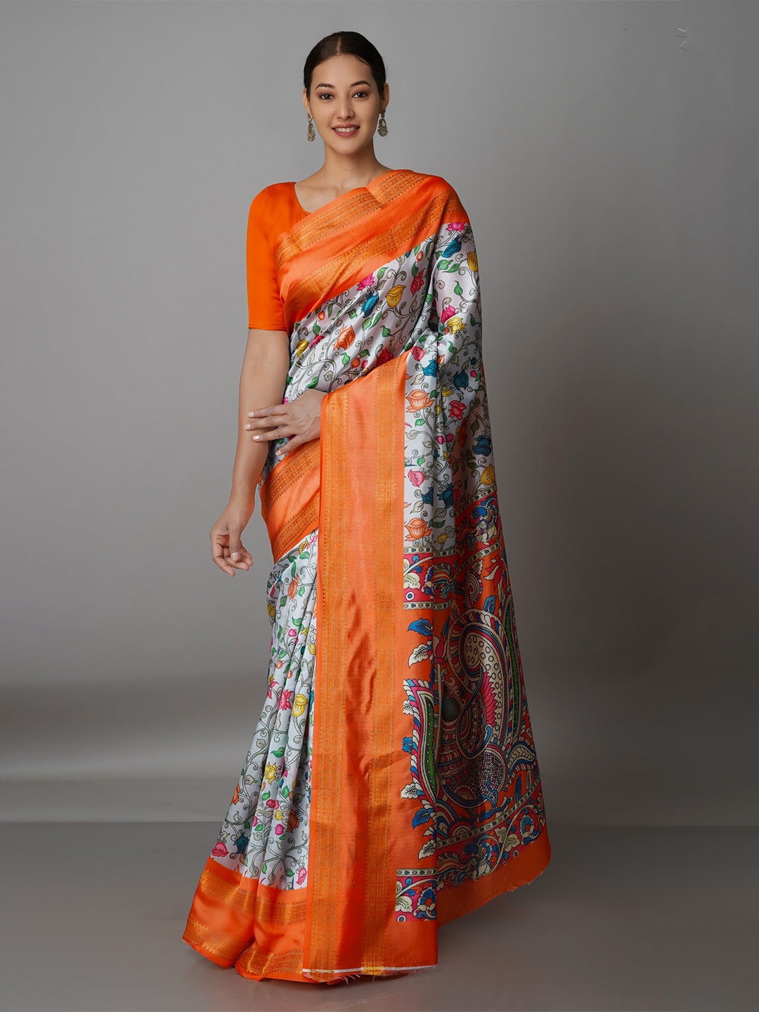 

Unnati Silks White & Orange Kalamkari Zari Kanjeevaram Saree