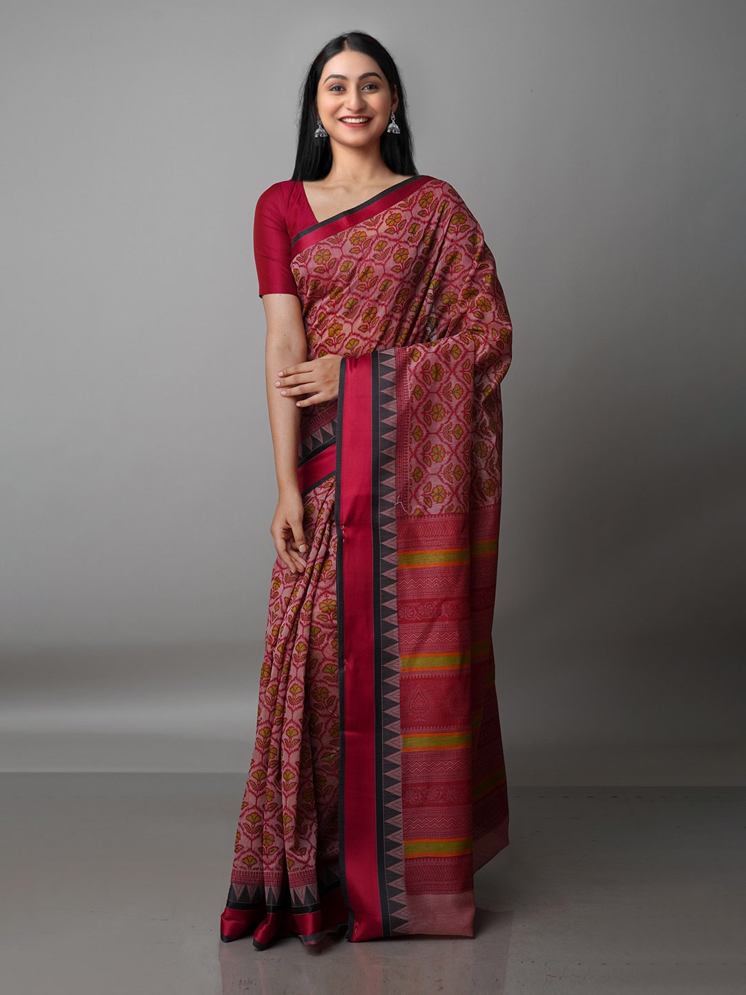 

Unnati Silks Red & Green Floral Silk Cotton Chanderi Saree