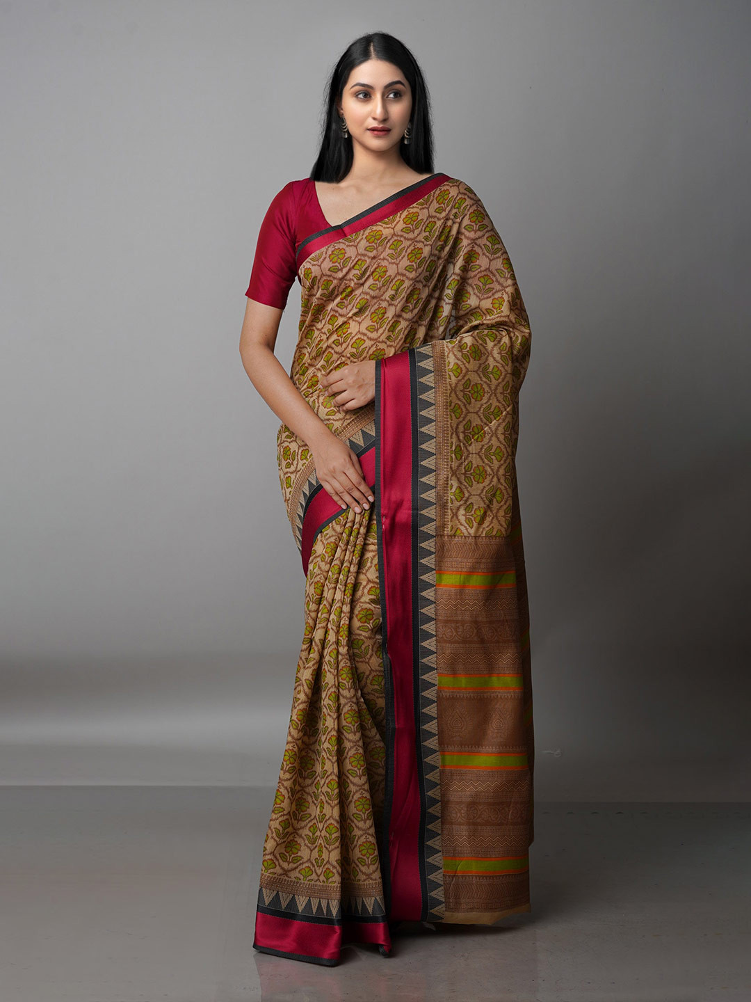 

Unnati Silks Brown & Red Ethnic Motifs Silk Cotton Chanderi Saree