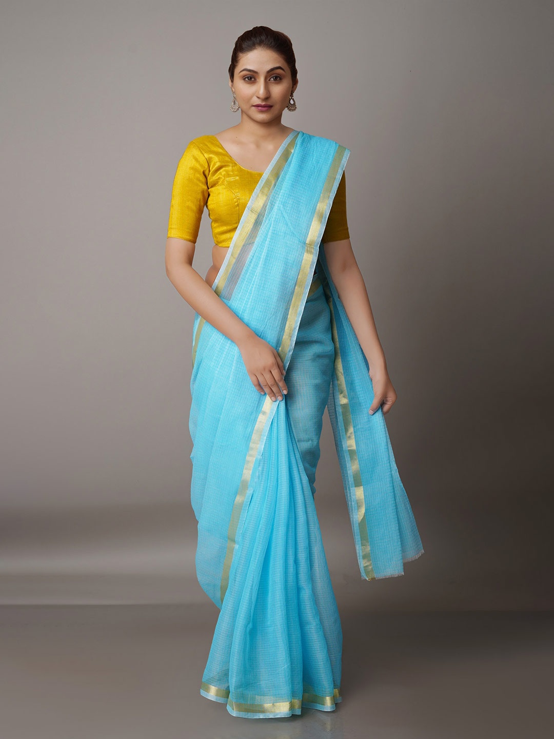 

Unnati Silks Blue & Gold-Toned Striped Zari Pure Cotton Kota Saree