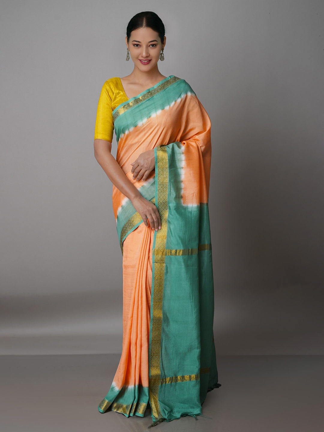 

Unnati Silks Orange & Green Tie and Dye Zari Mangalagiri Saree