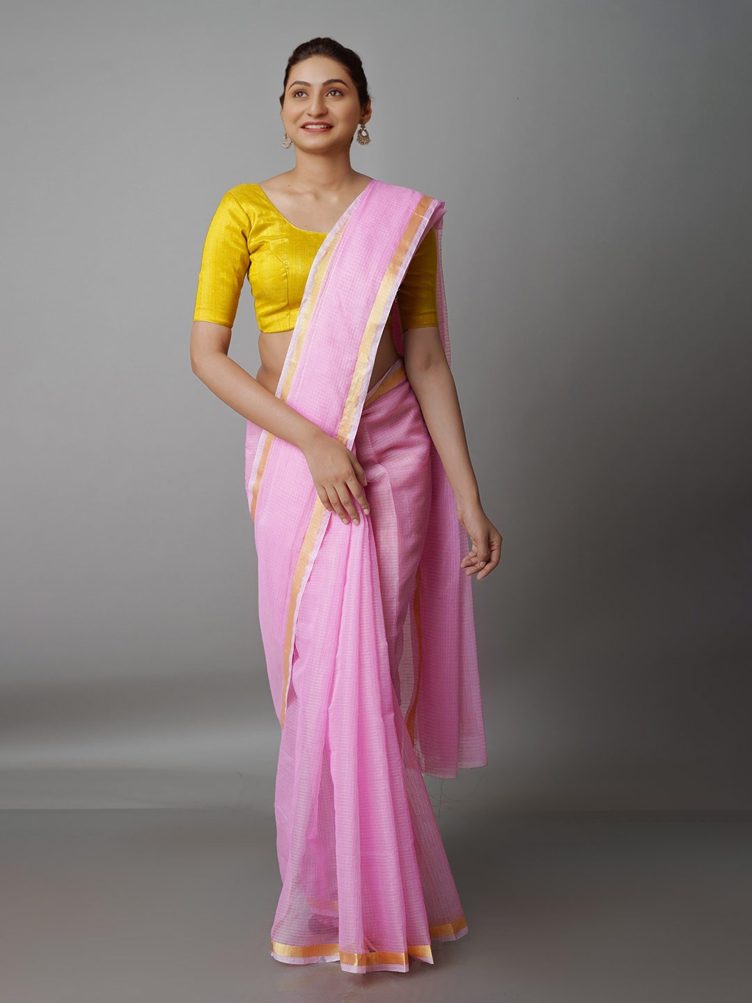 

Unnati Silks Pink & Gold-Toned Woven Design Zari Pure Cotton Kota Saree