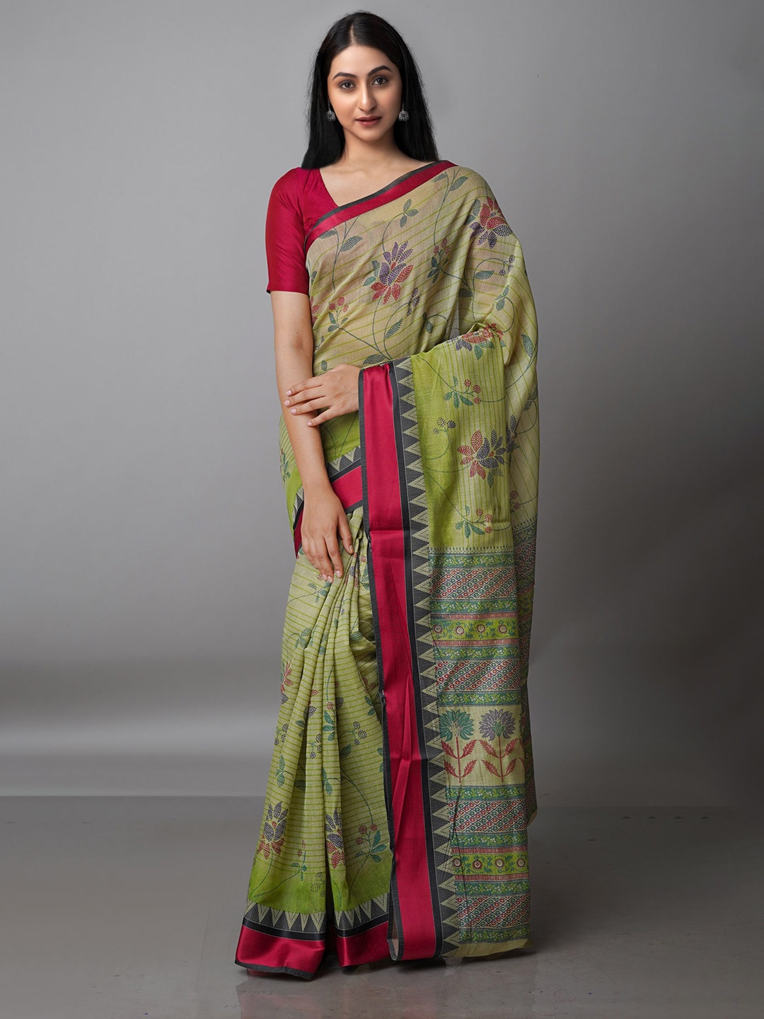 

Unnati Silks Green & Maroon Floral Silk Cotton Chanderi Saree