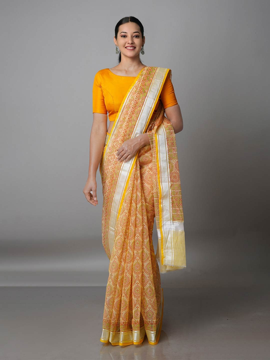 

Unnati Silks Yellow & Pink Floral Zari Pure Cotton Kota Saree