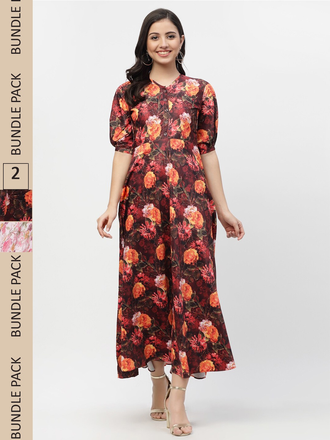 

MISS AYSE Pack Of 2 Maroon & White Floral Printed Fit & Flare Dresses