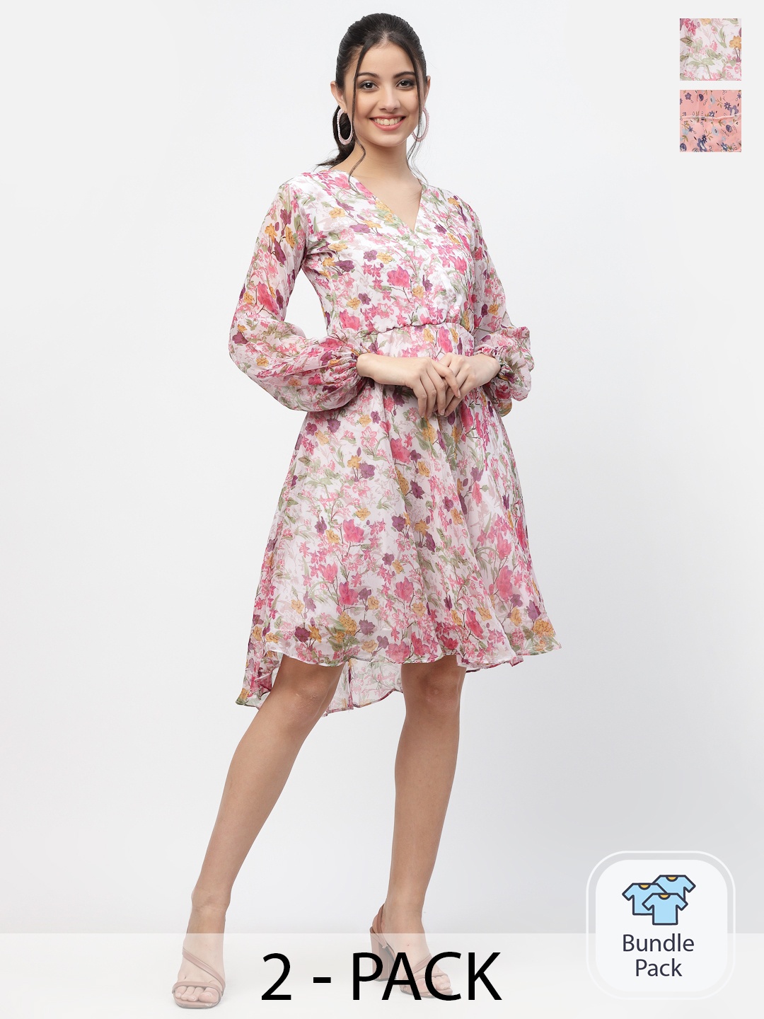 

MISS AYSE Pack Of 2 Peach & White Floral Printed Fit & Flare Dresses