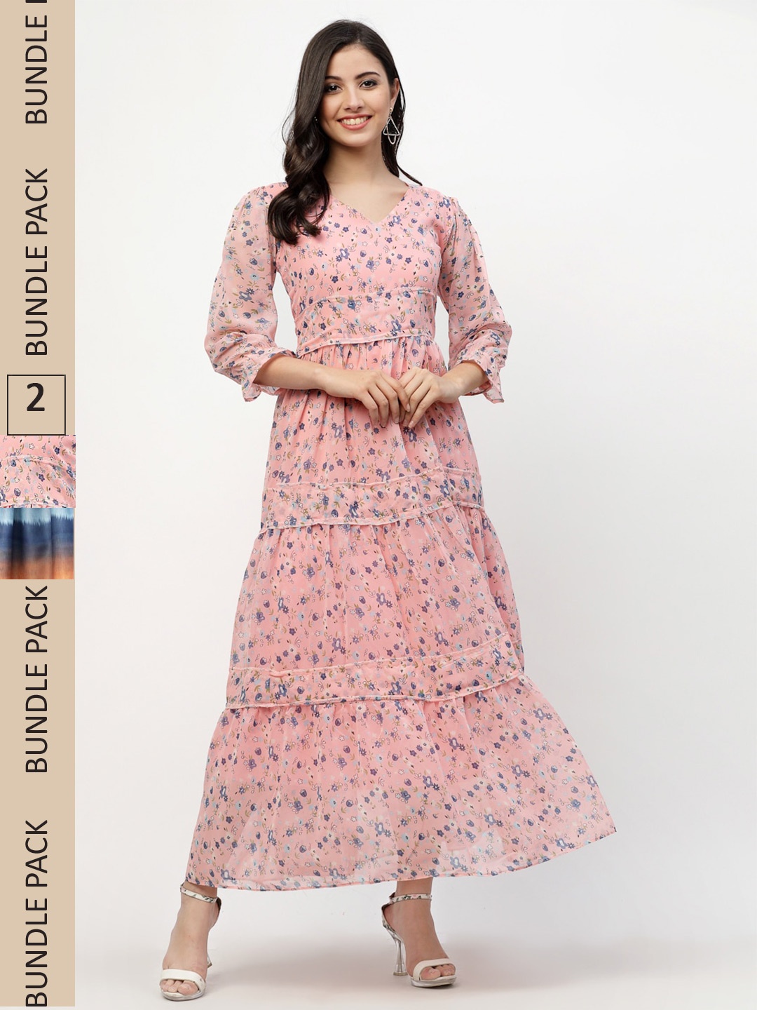 

MISS AYSE Pack Of 2 Peach & Blue Printed Fit & Flare Dresses