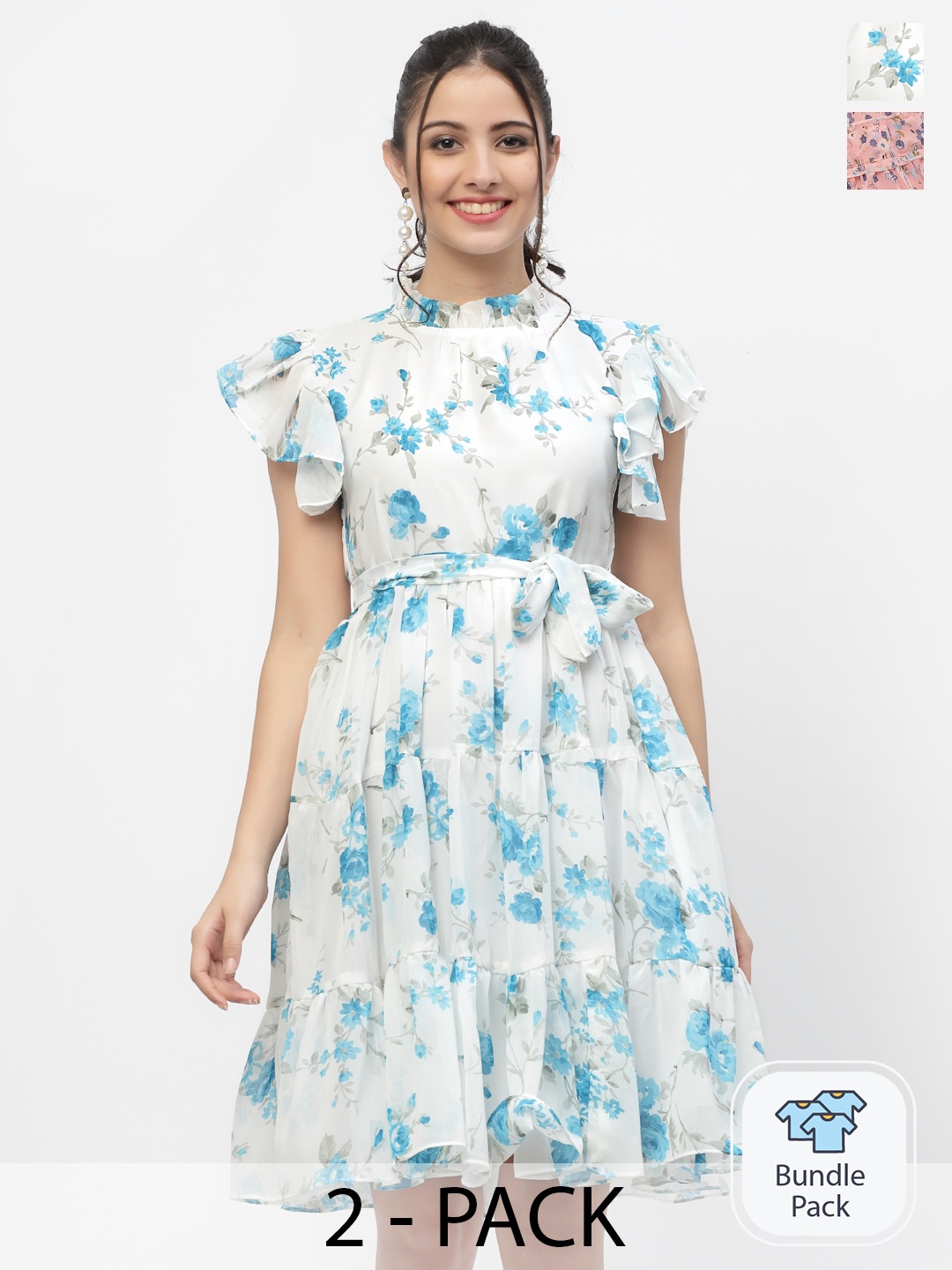 

MISS AYSE Pack Of 2 Peach & White Floral Printed Fit & Flare Dresses