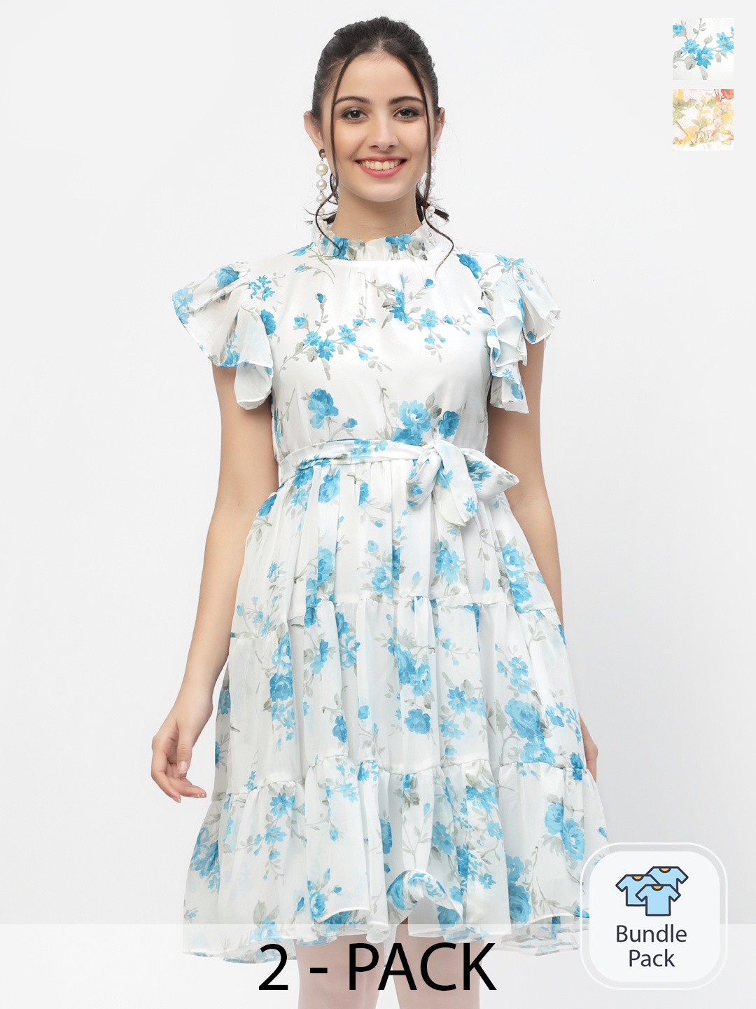 MISS AYSE Beige & Blue Pack of 2 Floral Georgette Dress