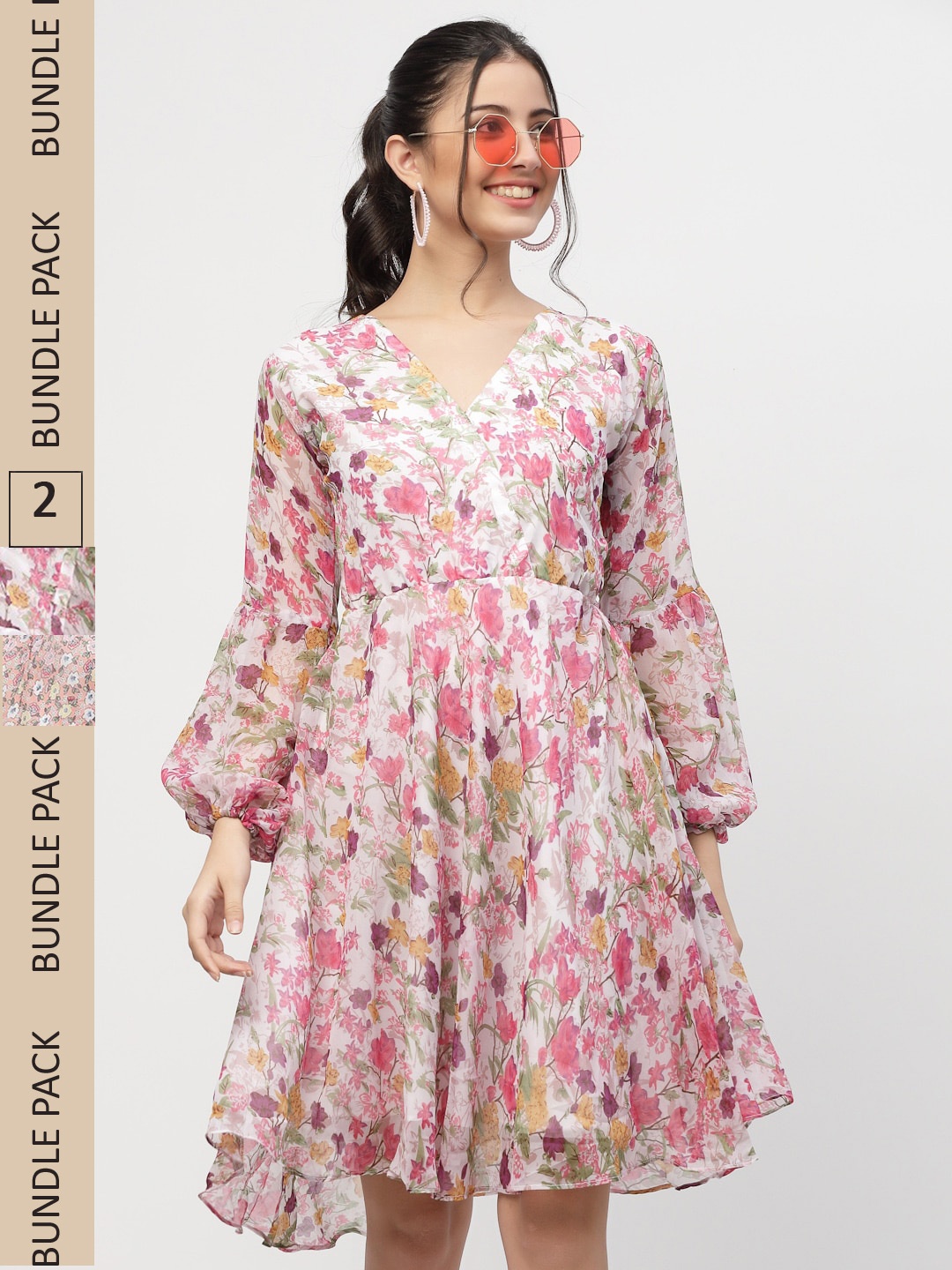 

MISS AYSE Pack Of 2 White & Peach Floral Printed Fit & Flare Dresses