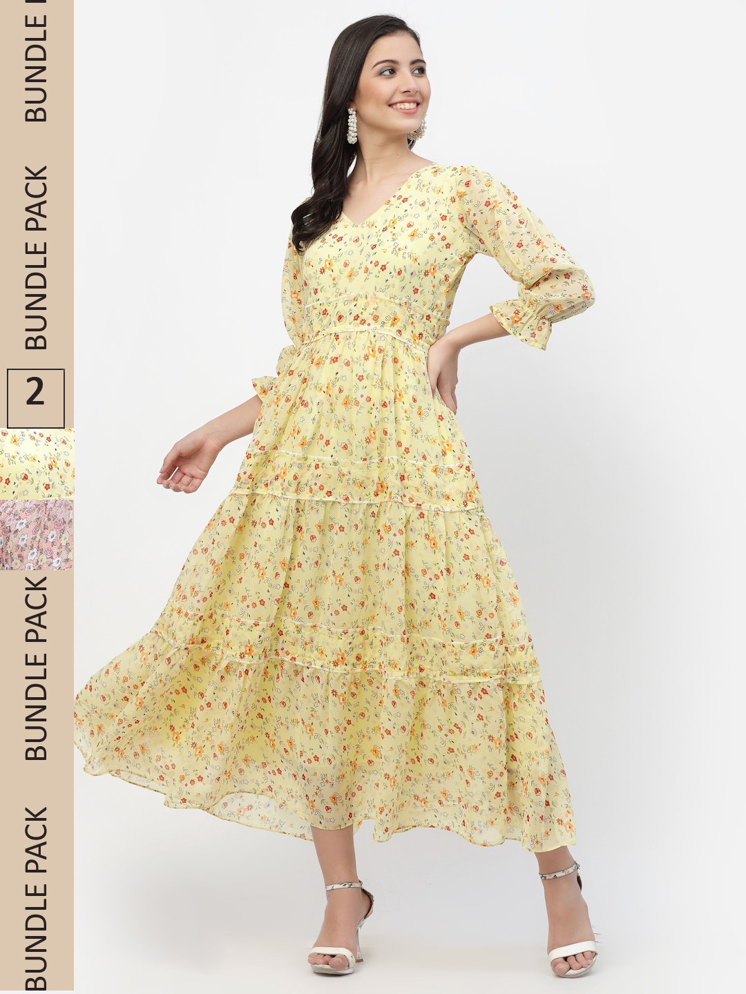 

MISS AYSE Pack Of 2 Yellow & Peach Floral Printed Fit & Flare Dresses
