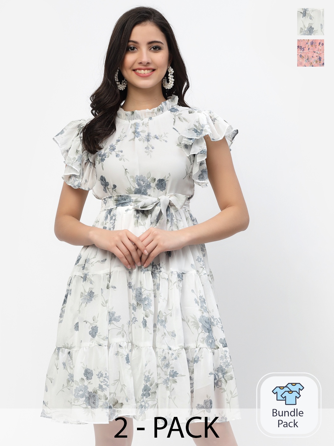 

MISS AYSE Pack Of 2 Peach & Off White Floral Printed Fit & Flare Dresses