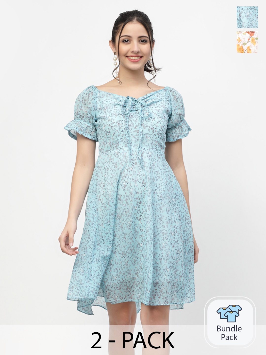 

MISS AYSE Blue & Off White Pack of 2 Floral Tie-Up Neck Dresses
