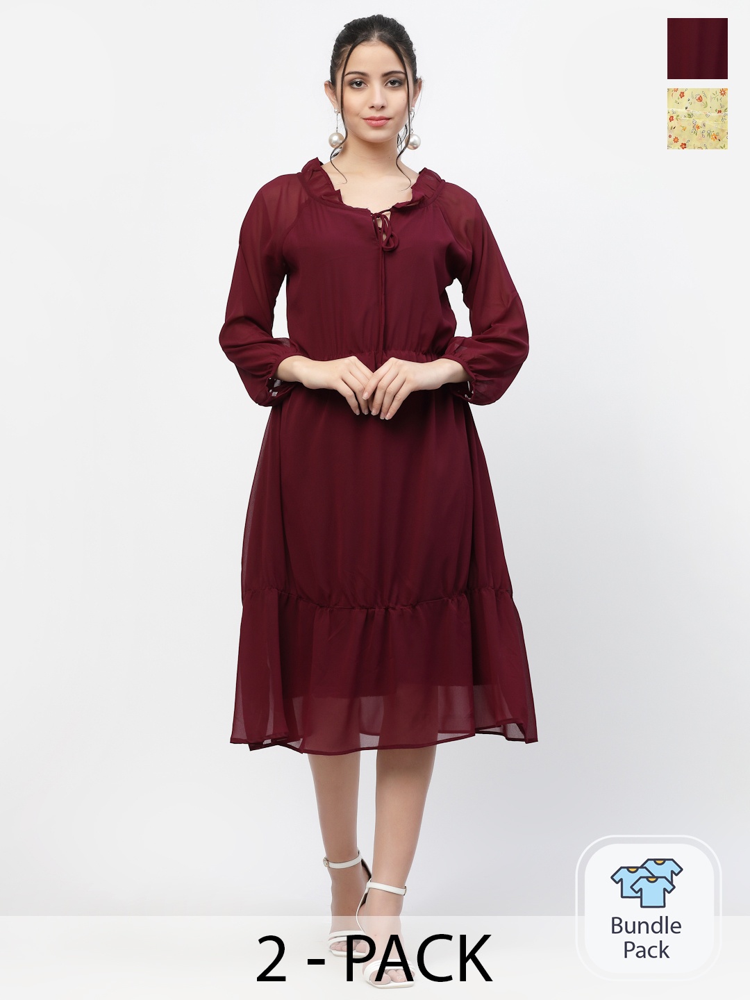 

MISS AYSE Yellow & Maroon Floral pack of 2 Midi Dresses