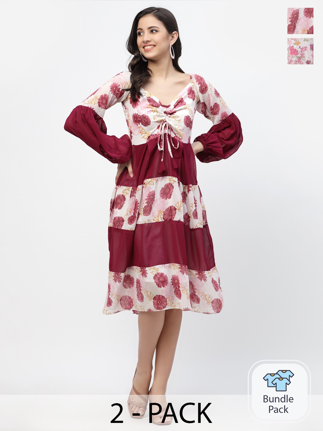 

MISS AYSE Off White & Maroon Pack Of 2 Floral Georgette Dress