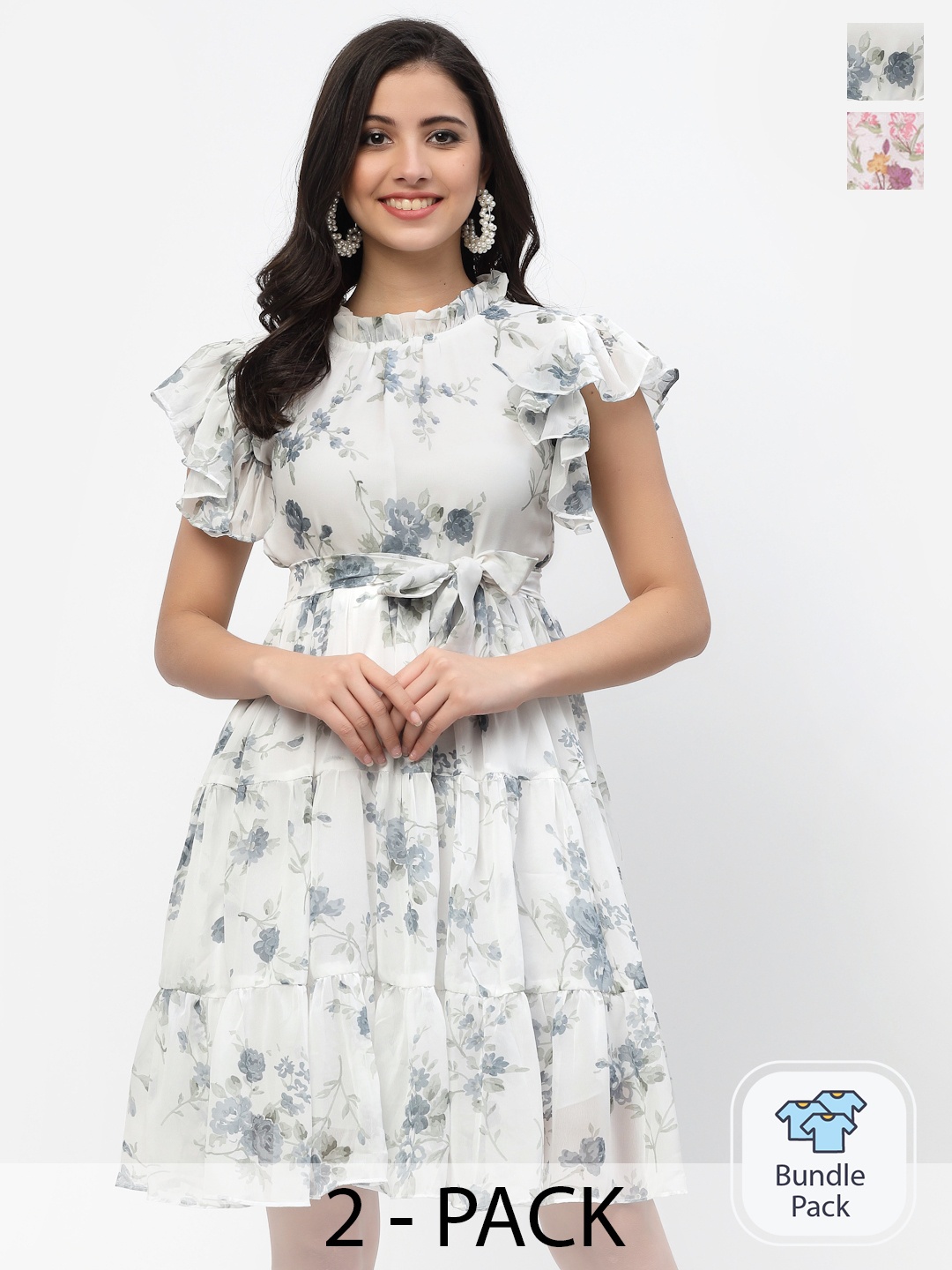 

MISS AYSE White & Green Pack Of 2 Floral Georgette Dress