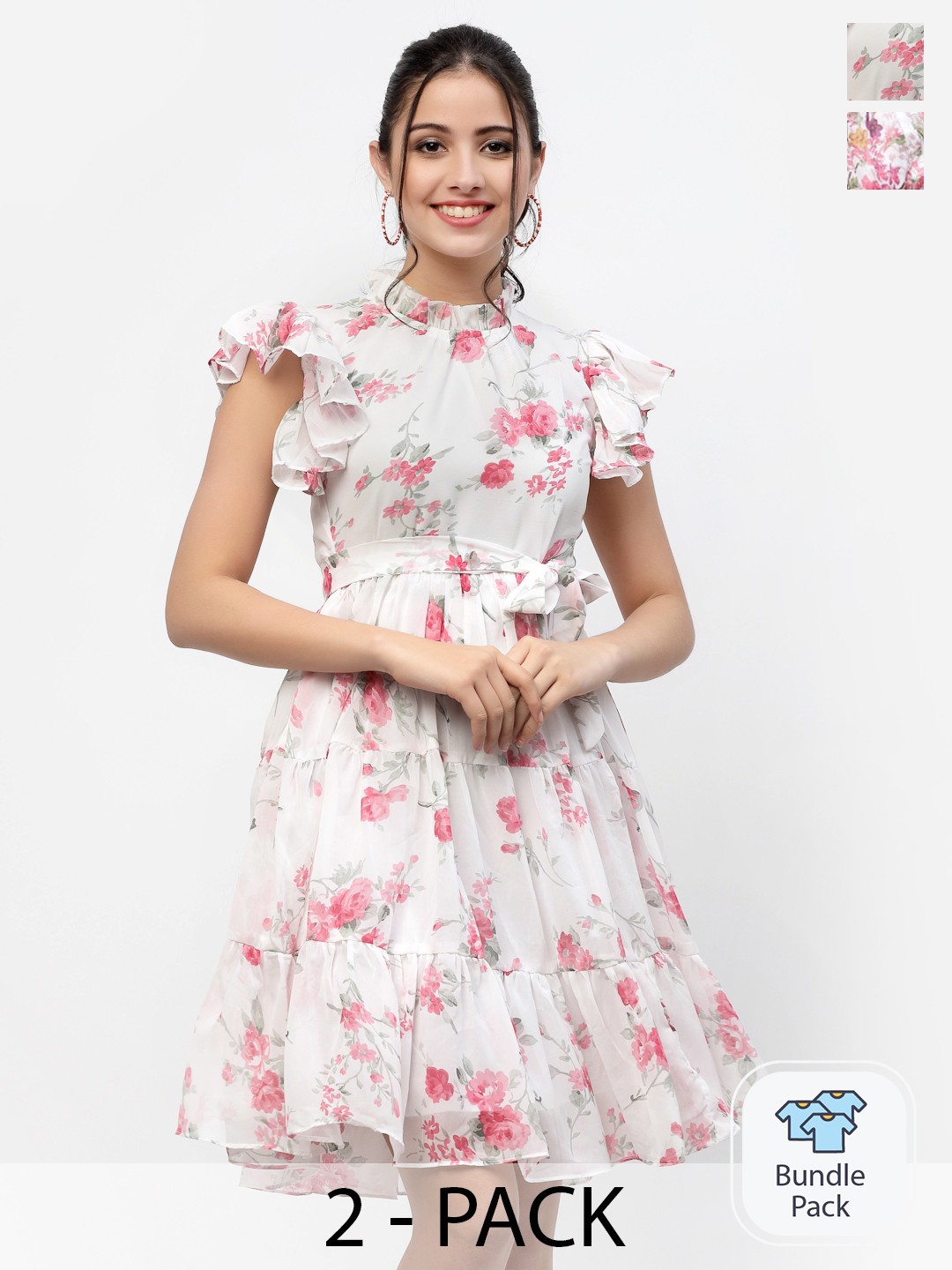 

MISS AYSE Off White & Pink Pack Of 2 Floral Georgette Dress