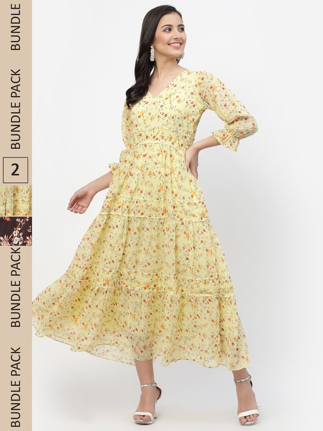 

MISS AYSE Yellow & Coffee Brown Pack Of 2 Floral Georgette Midi Dress