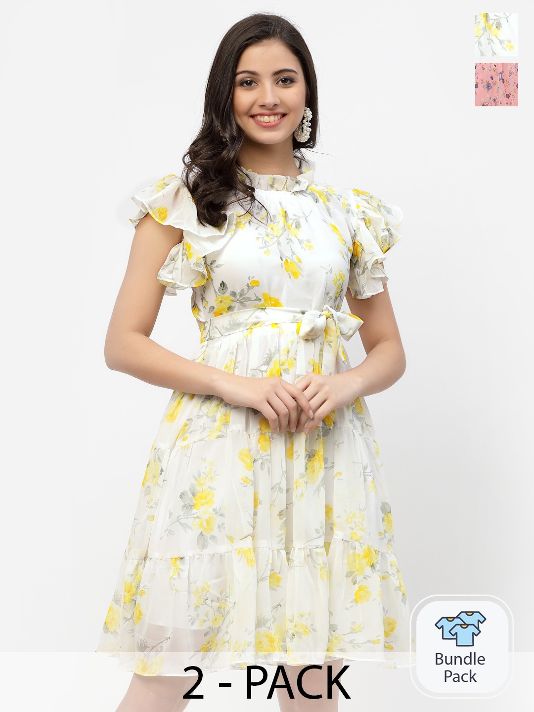 

MISS AYSE Pack Of 2 Pink & White Floral Georgette A-Line Dress
