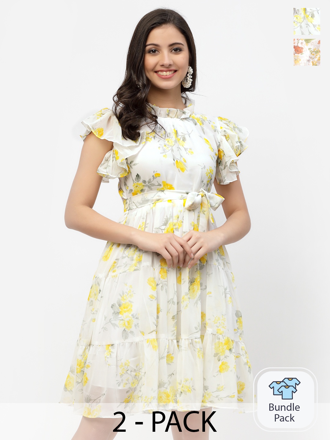 

MISS AYSE Pack Of 2 Off White & White Floral Georgette A-Line Dress