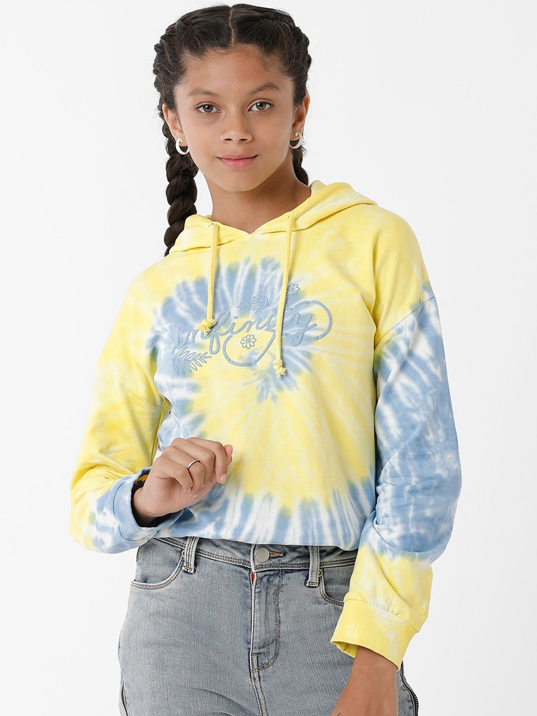 

KATE & OSCAR Girls Yellow Dyed & Printed Hooded Cotton Sweatshirt
