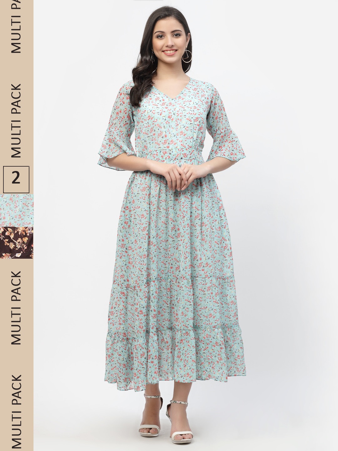 

MISS AYSE Blue & Coffee Brown Pack Of 2 Floral Georgette Maxi Dress