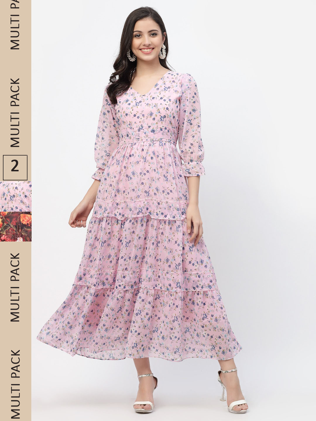 

MISS AYSE Pink & Maroon Pack Of 2 Floral Georgette Maxi Dress