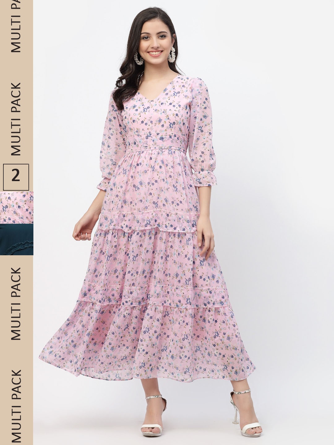 

MISS AYSE Pink & Navy Blue Pack Of 2 Floral Georgette Maxi Dress