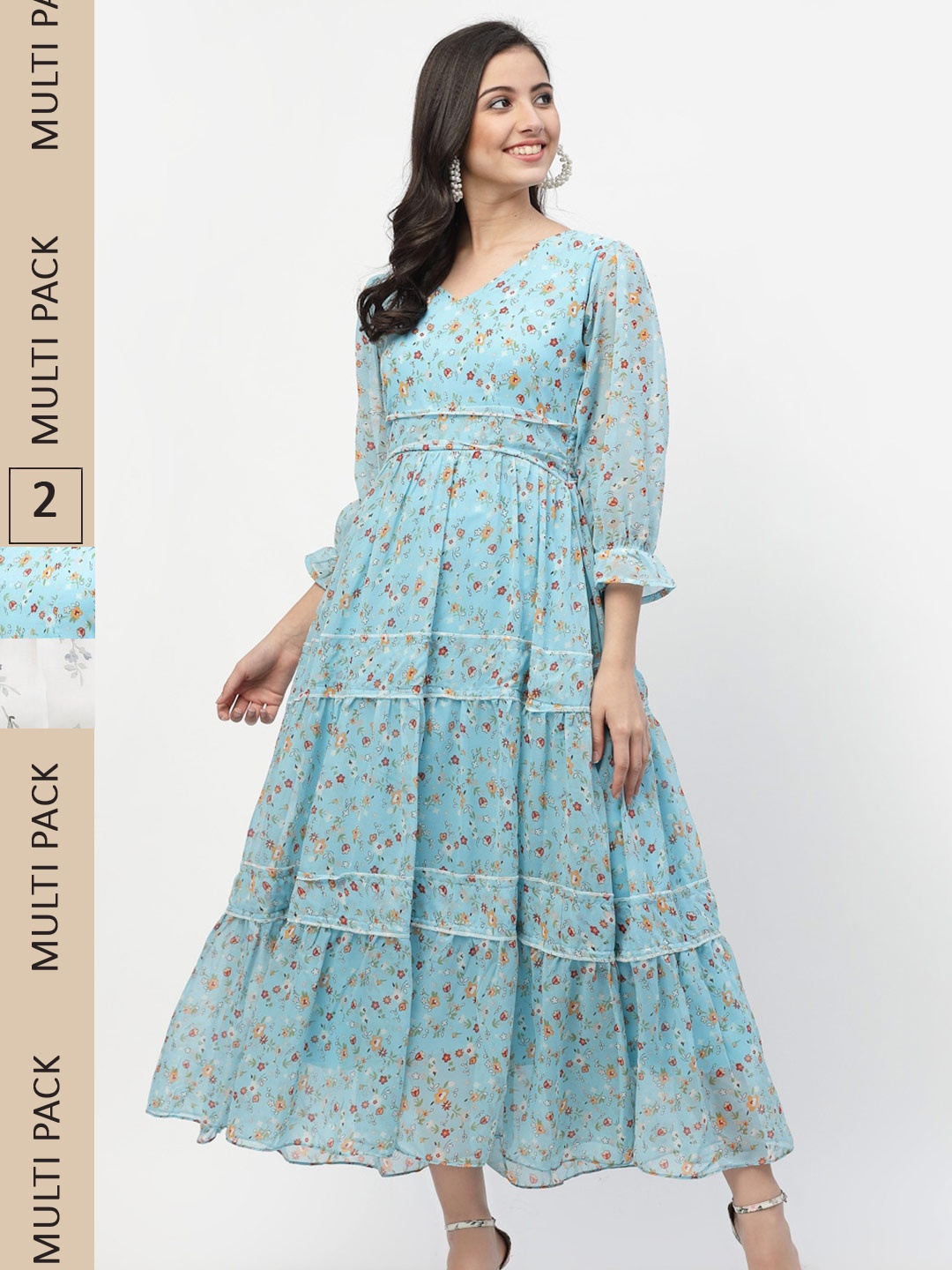 MISS AYSE Pack Of 2 Turquoise Blue & White Floral Georgette A-Line Midi Dress