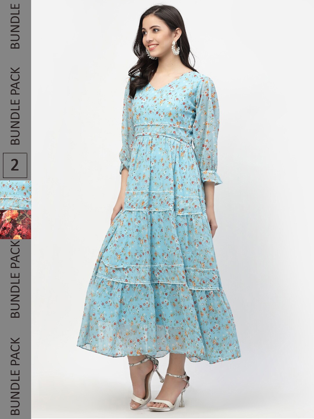

MISS AYSE Pack Of 2 Turquoise Blue & Brown Floral Georgette A-Line Midi Dress
