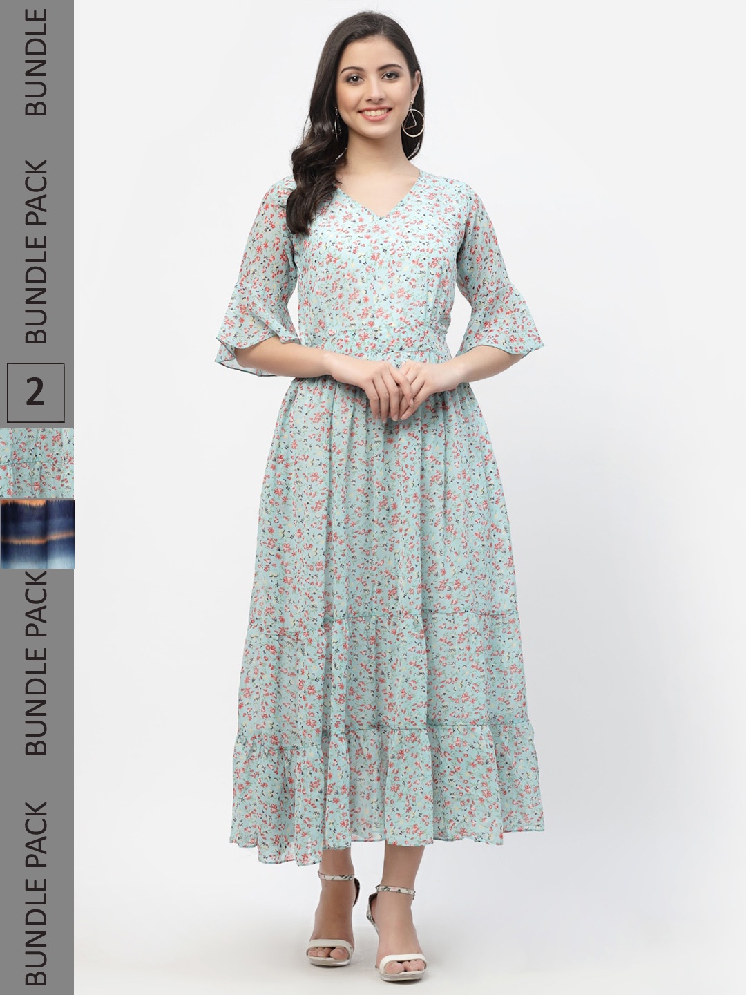 

MISS AYSE Pack Of 2 Turquoise Blue & Navy Blue Georgette A-Line Maxi Dress