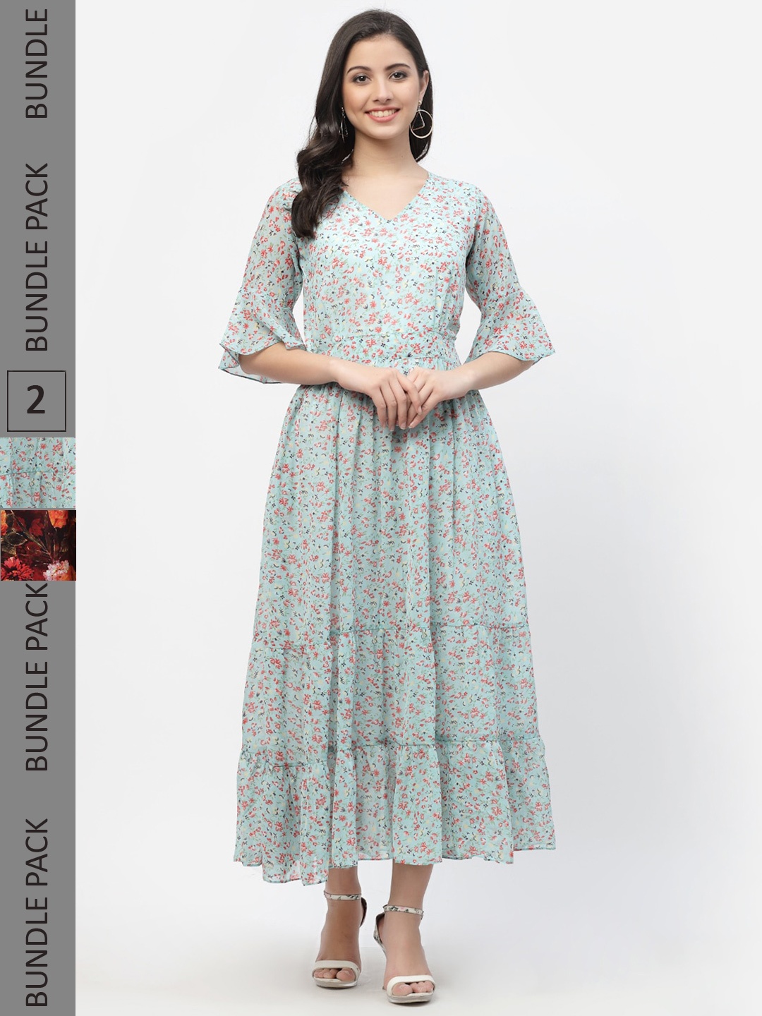 

MISS AYSE Pack Of 2 Turquoise Blue & Brown Floral Georgette A-Line Maxi Dress
