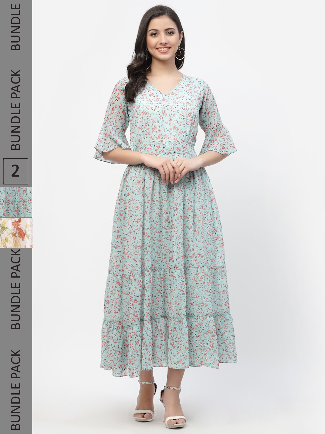 

MISS AYSE Pack Of 2 Sea Green & Off White Floral Georgette A-Line Dress