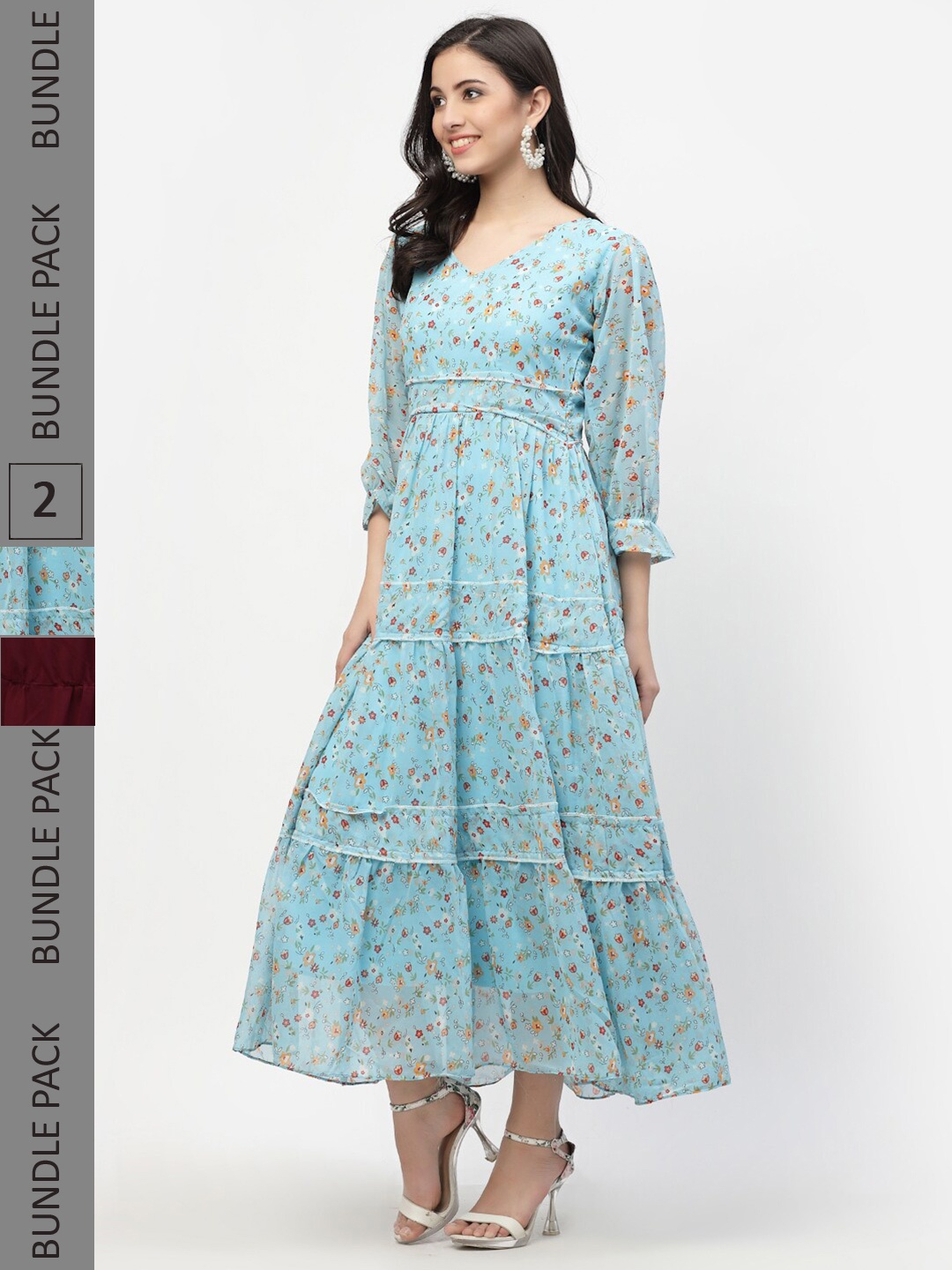 

MISS AYSE Pack Of 2 Turquoise Blue & Maroon Floral Georgette Maxi Dress