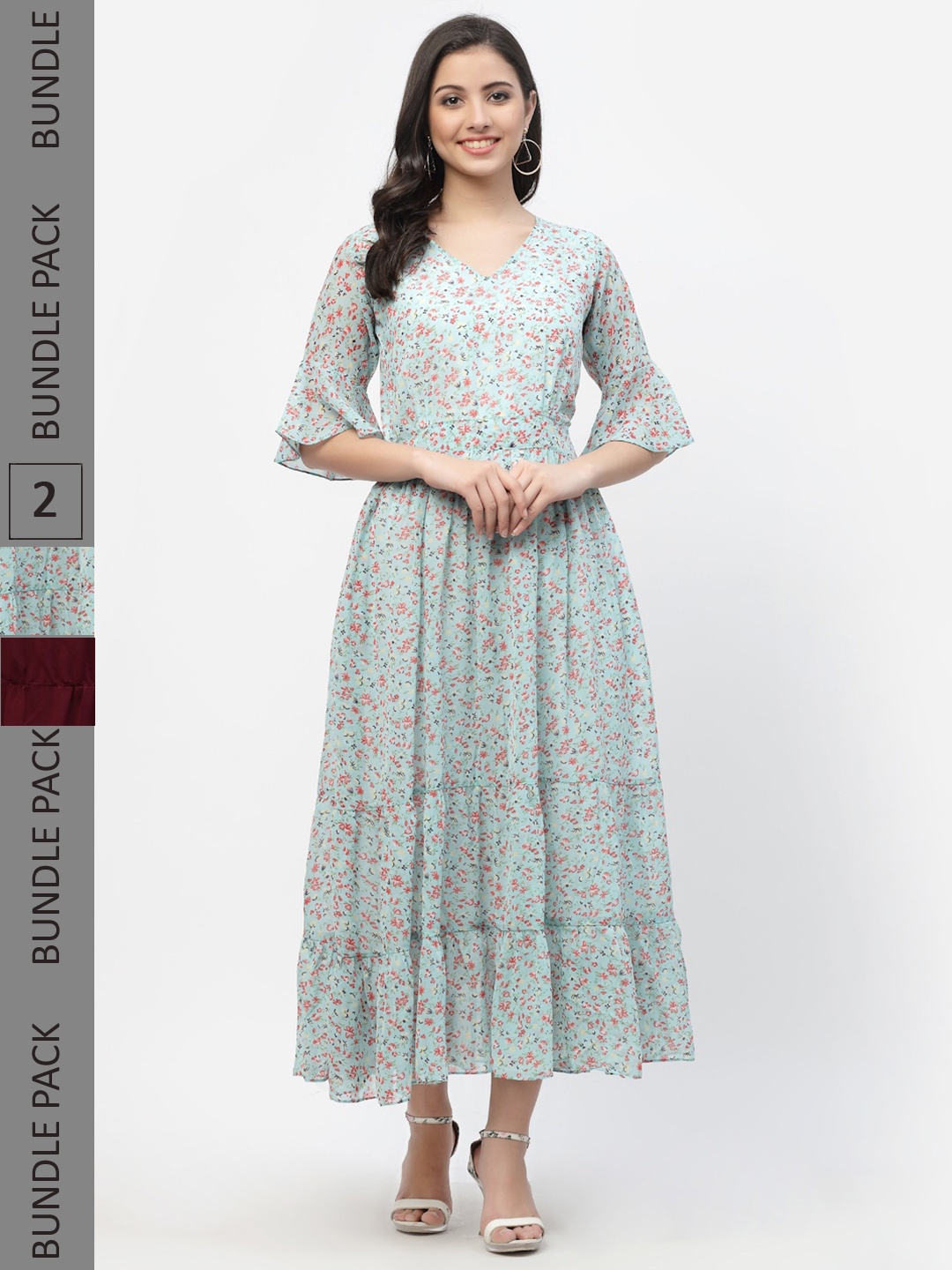 

MISS AYSE Pack of 2 Sea Green & Maroon Floral Maxi Dress