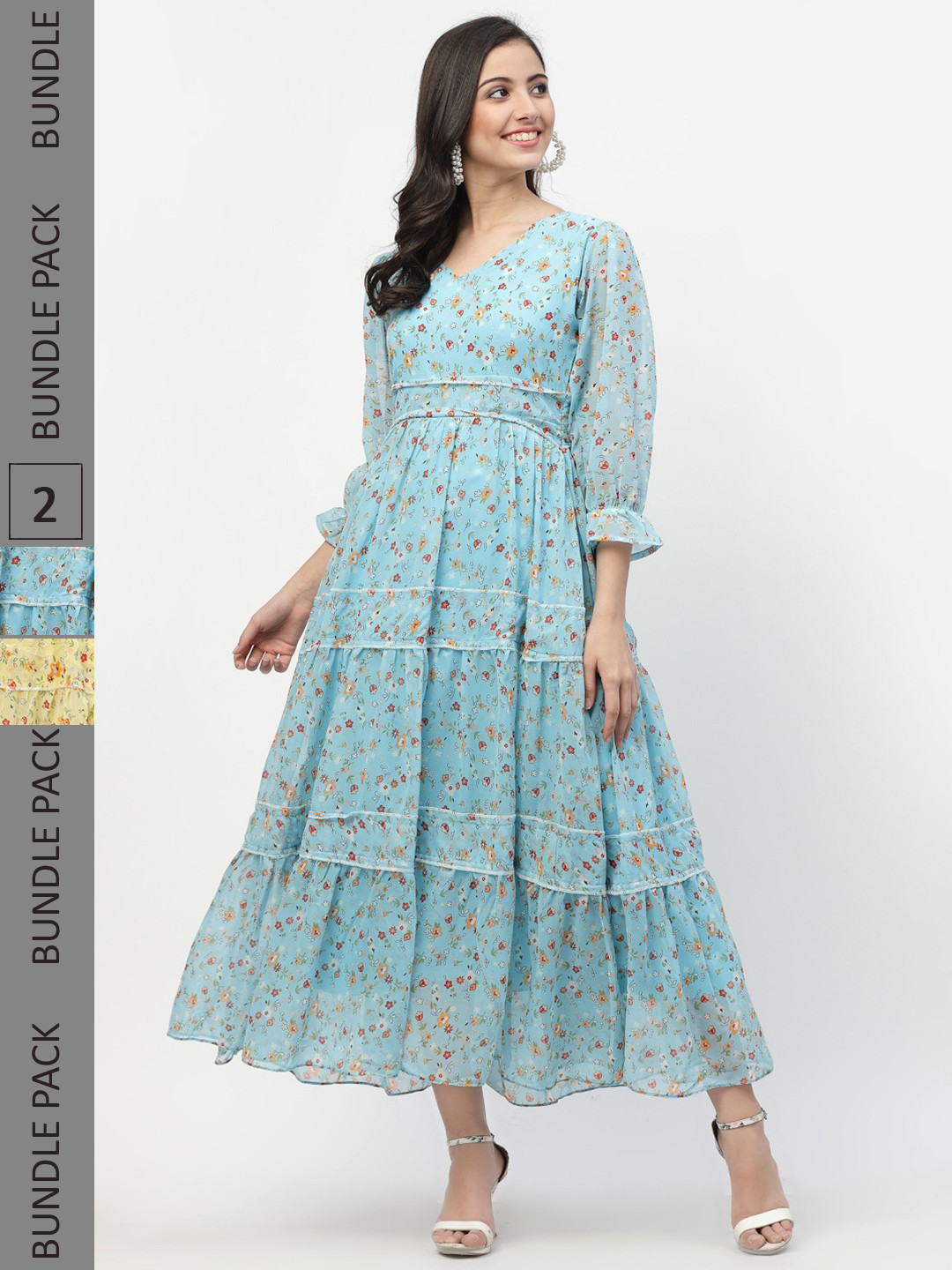 

MISS AYSE Green & Yellow Floral Georgette Ethnic Maxi Dress Pack of 2