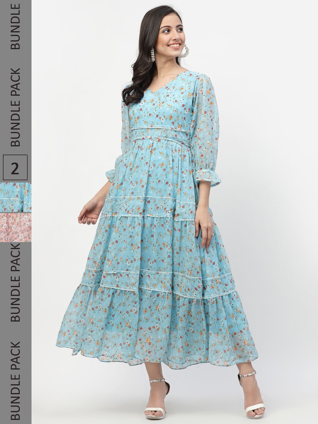 

MISS AYSE Blue & Brown Floral Georgette Ethnic Maxi Dress Pack of 2